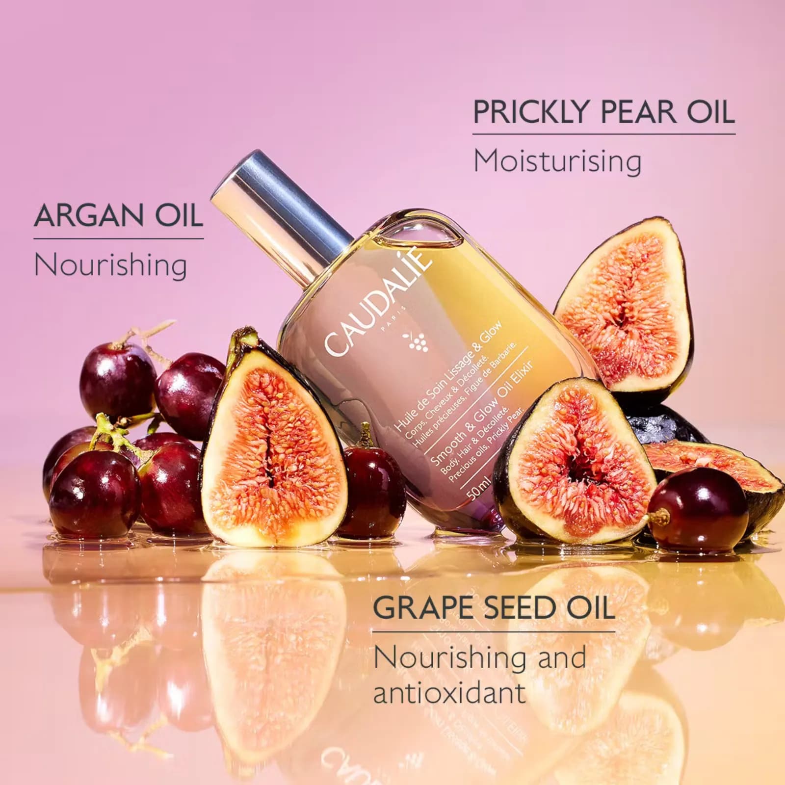 اکسیر روغن بدن مو و دکلته کدلی حاوی آرگان و گلابی نرم کننده و آبرسان caudali smooth and glow oil elixir — تصویر ۲