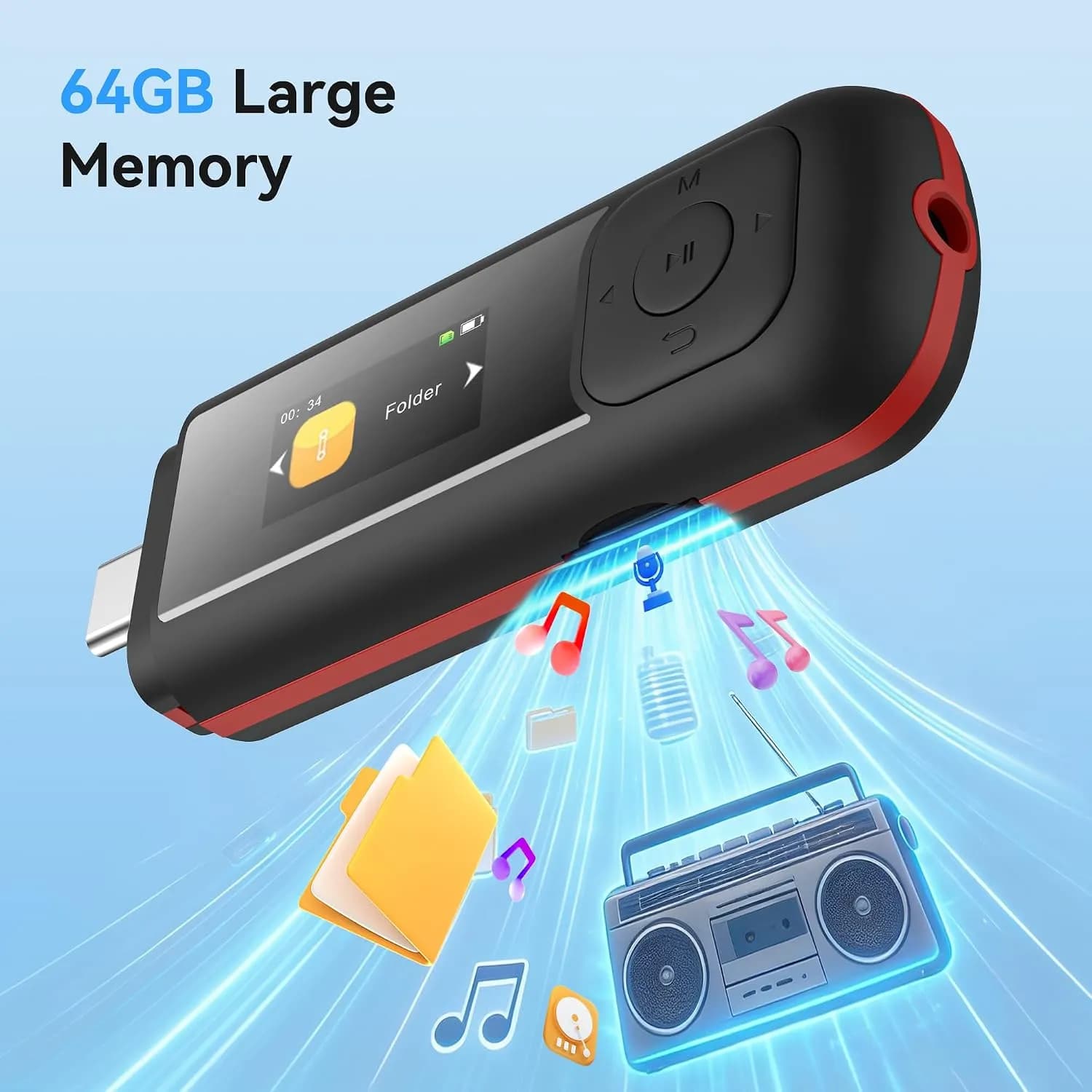 پخش‌کننده موسیقی با حافظه ۶۴ گیگابایت، درگاه USB و Type-C، رادیو FM و ضبط صدا برند AGPTEK مدل A55PL — تصویر ۵