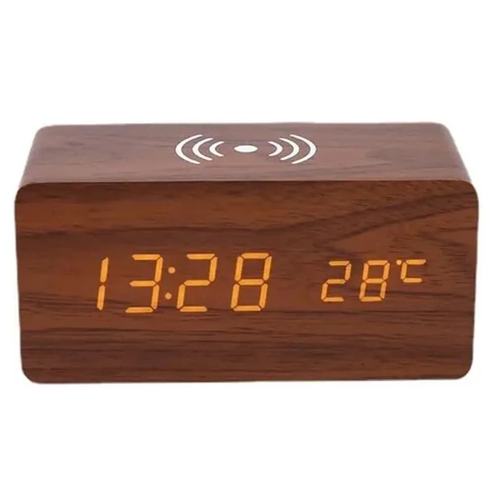 ساعت رومیزی دیجیتال چوبی با شارژر بیسیم Qi، نمایش دما و سه آلارم برند WENIVO مدل brown — تصویر ۲