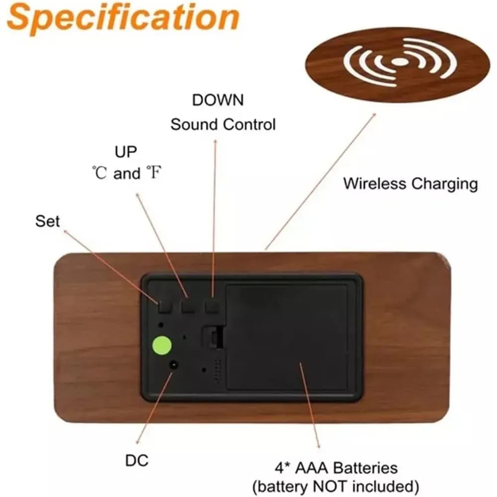 ساعت رومیزی دیجیتال چوبی با شارژر بیسیم Qi، نمایش دما و سه آلارم برند WENIVO مدل brown — تصویر ۴