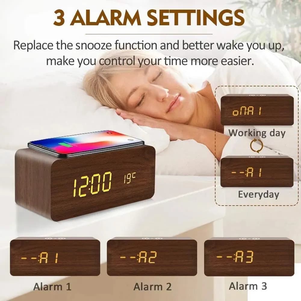 ساعت رومیزی دیجیتال چوبی با شارژر بیسیم Qi، نمایش دما و سه آلارم برند WENIVO مدل brown — تصویر ۸