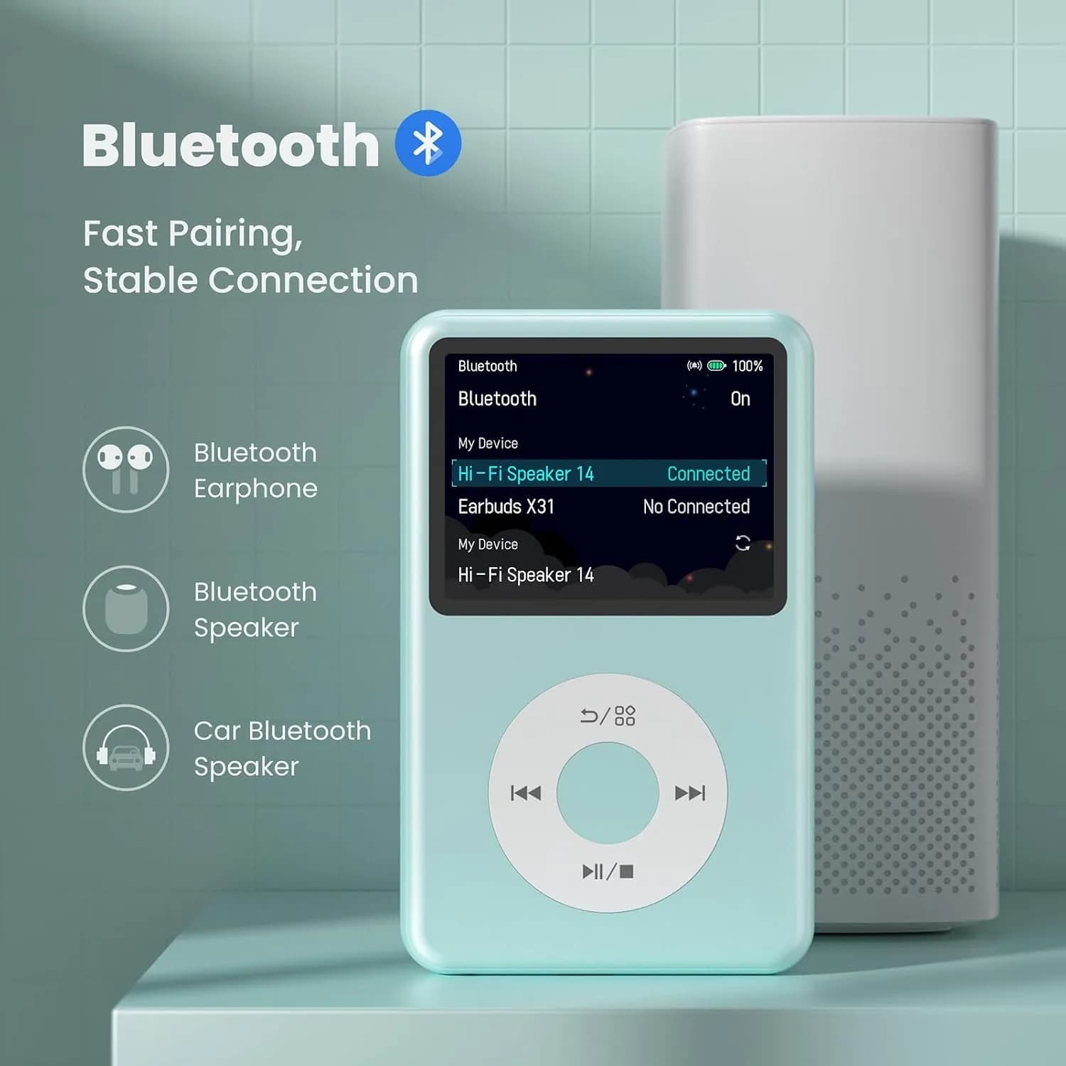 موزیک پلیر MP3 پلیر ظرفیت ۶۴ گیگابایت رنگ سبزآبی برند innioasis مدل Y1 — تصویر ۷