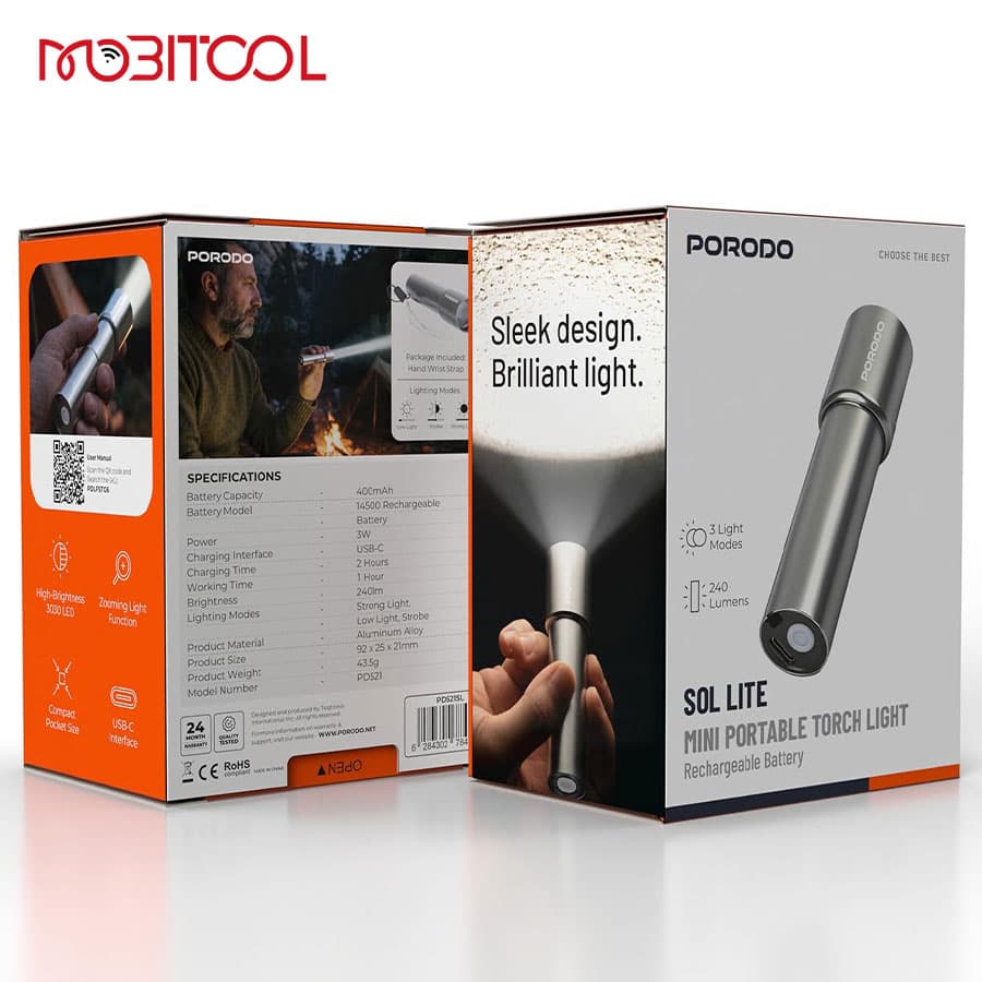 مینی چراغ قوه شارژی پرودو Porodo Sol Lite Mini Portable Torch Light PD521SL — تصویر ۶