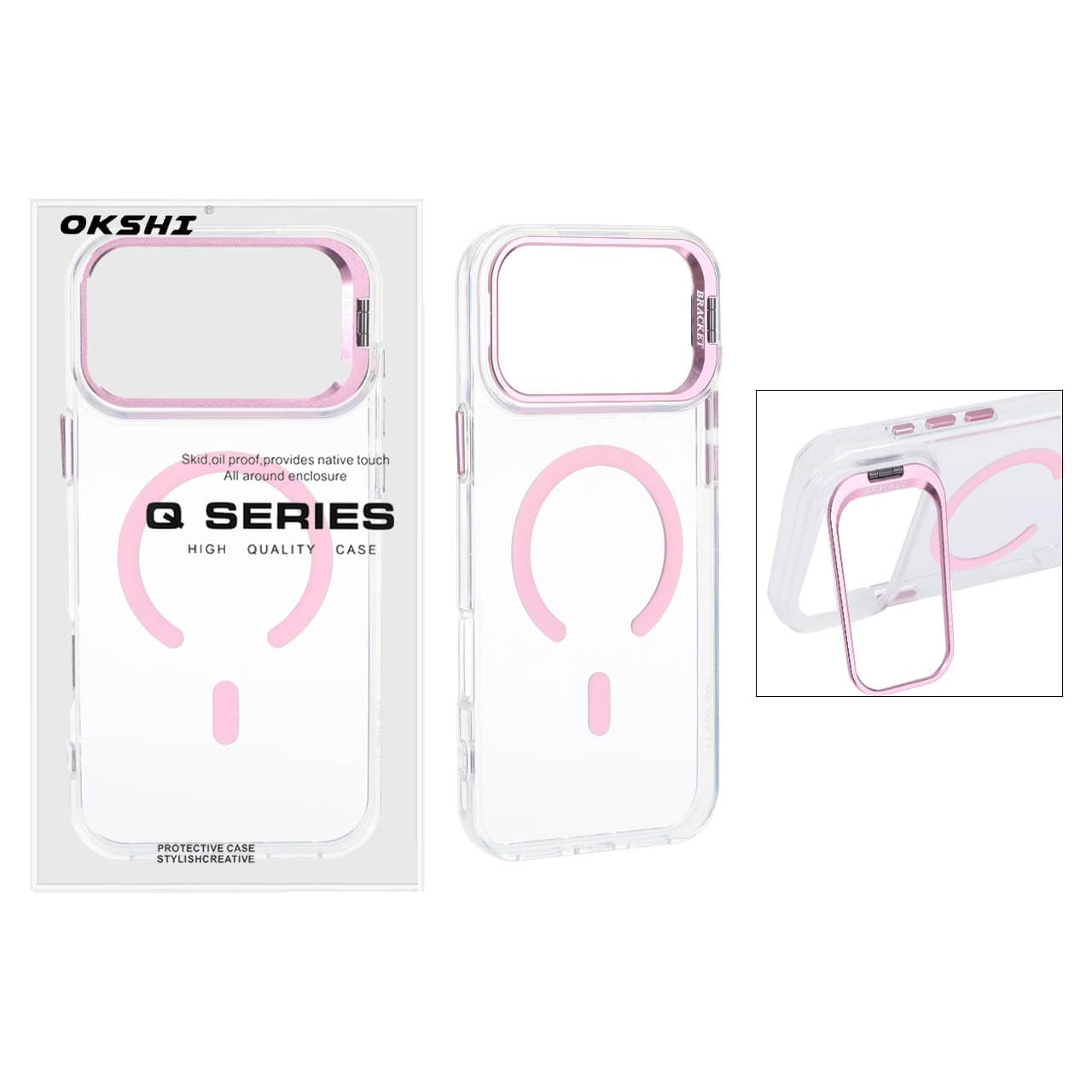 قاب اورجینال Q Series Bracket کریستالی Magsafe لنز استندشو Apple iPhone 17 Pro Max / iPhone 18 Pro Max – صورتی (پک دار)