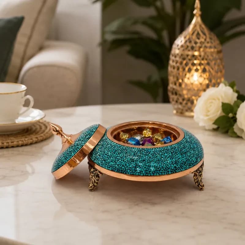 خاویار خوری مسی فیروزه کوبی شده 11سانتی (پک عمده 12عددی) — تصویر ۴