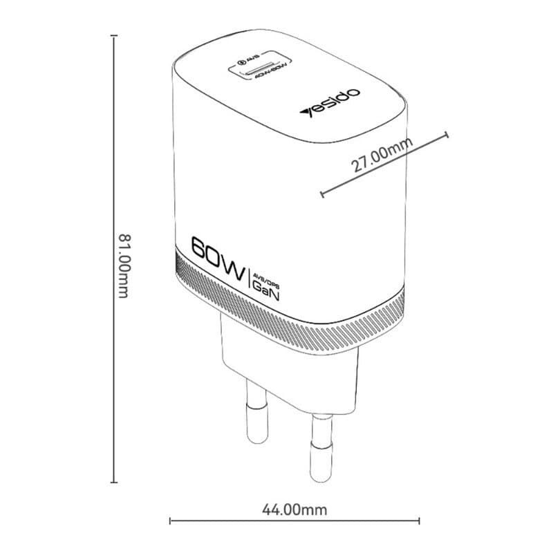 شارژر دیواری 60 وات یسیدو YC115 GaN PD3.2 3A + کابل تبدیل تایپ سی — تصویر ۷