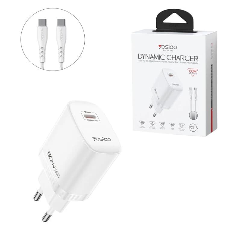 شارژر دیواری 60 وات یسیدو YC115 GaN PD3.2 3A + کابل تبدیل تایپ سی — تصویر ۲