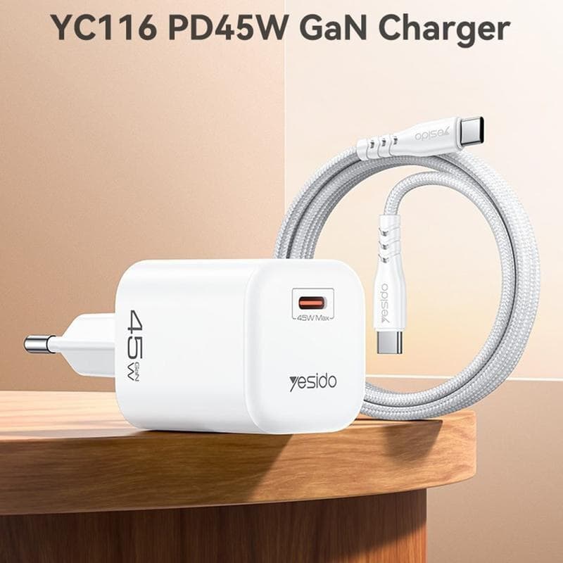 شارژر دیواری 45 وات یسیدو YC116 GaN PD 3A + کابل تبدیل تایپ سی — تصویر ۸