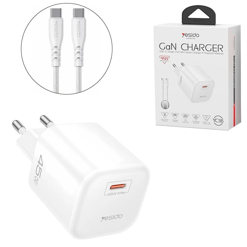شارژر دیواری 45 وات یسیدو YC116 GaN PD 3A + کابل تبدیل تایپ سی — تصویر ۳