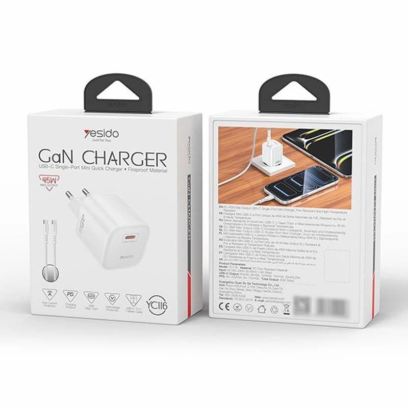شارژر دیواری 45 وات یسیدو YC116 GaN PD 3A + کابل تبدیل تایپ سی — تصویر ۴