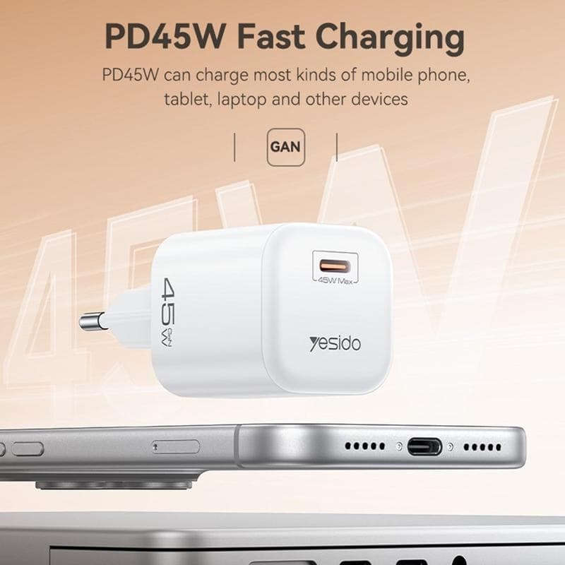 شارژر دیواری 45 وات یسیدو YC116 GaN PD 3A + کابل تبدیل تایپ سی — تصویر ۱۲