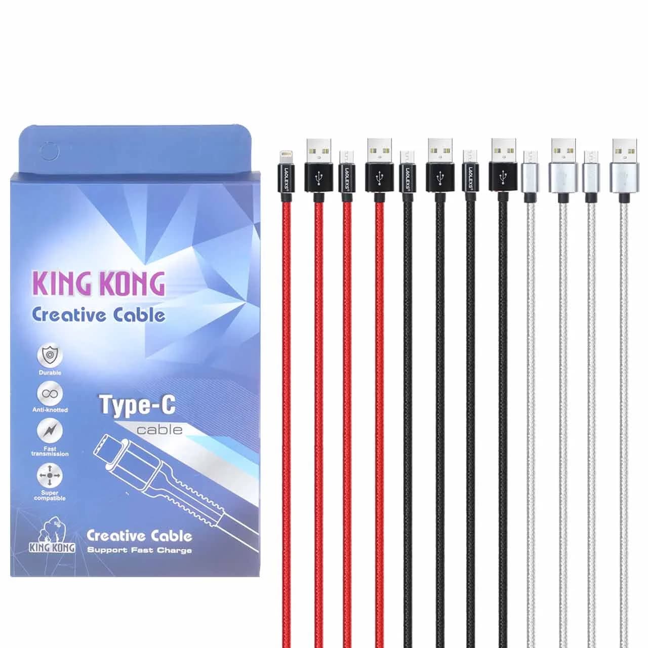 پک 5 عددی کابل شارژ اندروید& آیفون & King Kong Type-C – چند رنگ – BSA