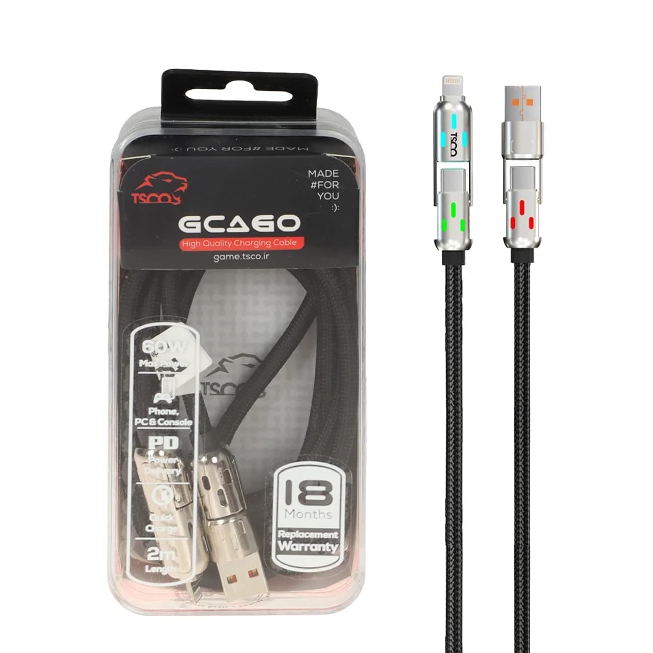 کابل شارژ PD و فست 60W چهارکاره ( گیمینگ ) 2 متری TSCO مدل GCA60 – مشکی (گارانتی 18 ماهه تسکو)