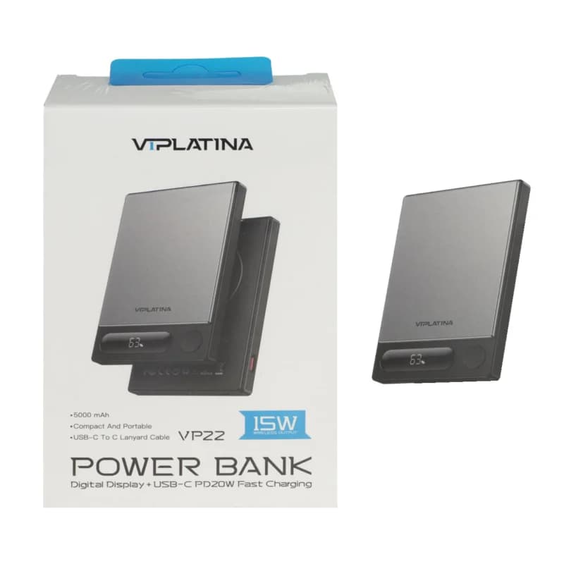 پاوربانک وایرلس و فست شارژ VIPLATINA 15W 5000mAh مدل VP22 – مشکی (گارانتی 6 ماه تعویض نیکان همراه)