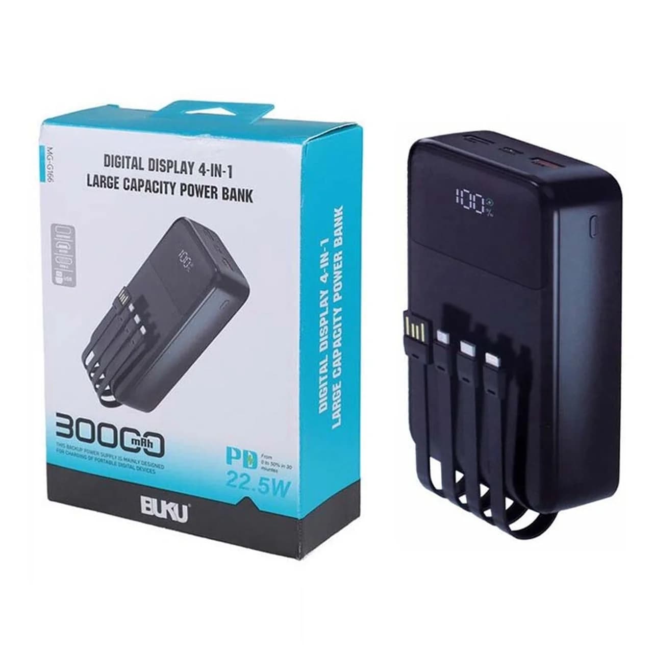 پاوربانک PD و فست شارژ BUKU 30000mAh مدل MG-G166 22.5W – مشکی – MMS (گارانتی شش ماهه YA)