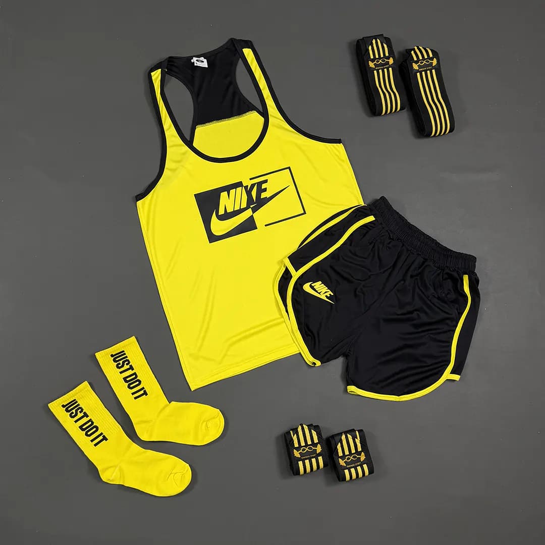 پکیج ورزشی | بدنسازی رکابی و شلوارک طرح NIKE05 رنگ زرد