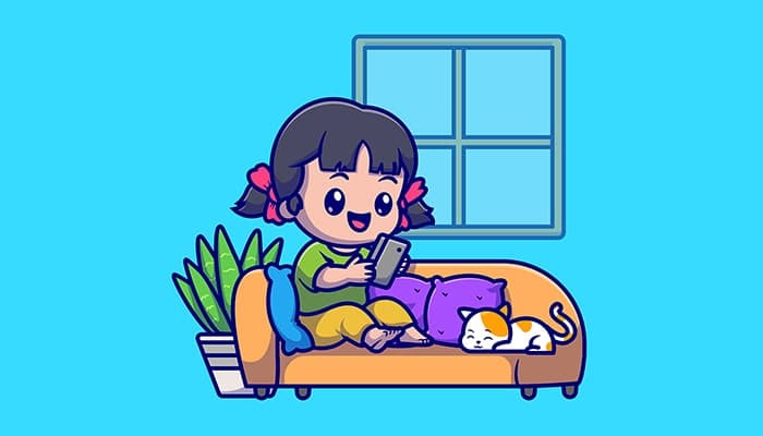 وکتور کاراکتر کارتونی دختر بچه نشسته و کار با موبایل