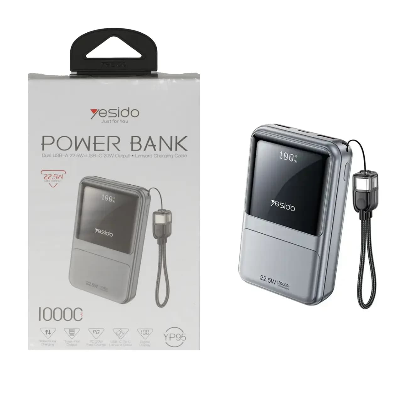 پاوربانک PD و فست شارژ Yesido 10000mAh مدل YP95 22.5W – خاکستری (گارانتی 18 ماه تعویض نیکان همراه)