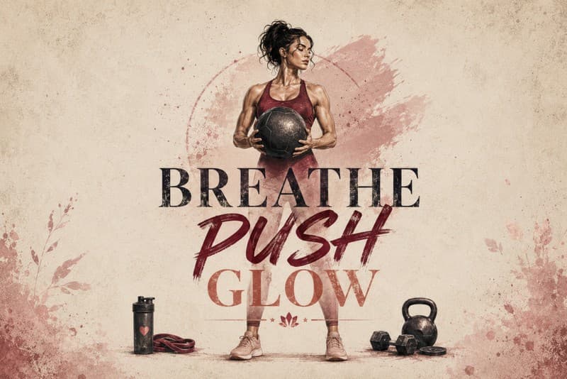 پوستر دیواری سه‌بعدی و انگیزشی طرح بدنسازی بانوان و جمله انگیزشی ورزشی (مدل Breathe Push Glow Fitness)