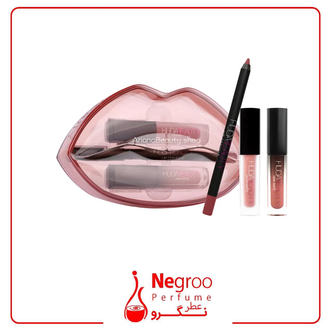 ست طرح لب رژ مایع و خط لب هدابیوتی HUDA BEAUTY