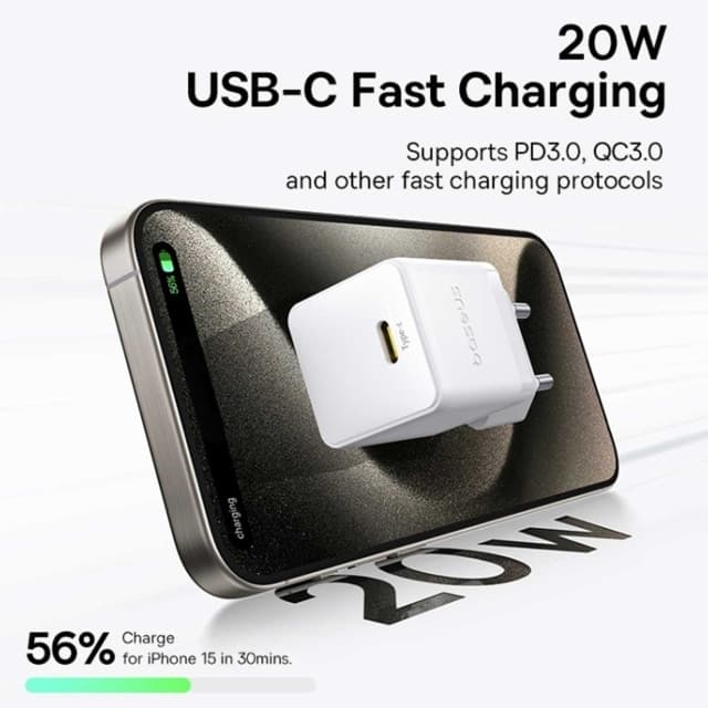 شارژر دیواری تایپ‌سی 20 وات بیسوس همراه با کابل دو سر تایپ سی 60 وات یک متری CCZC20CE — تصویر ۵