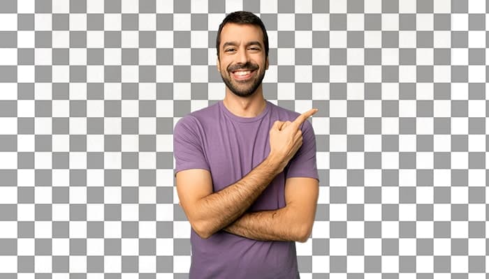 تصویر PNG مرد جوان با لبخند و اشاره به راست