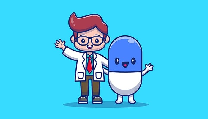 وکتور کاراکتر کارتونی پسر بچه دکتر با قرص کپسول
