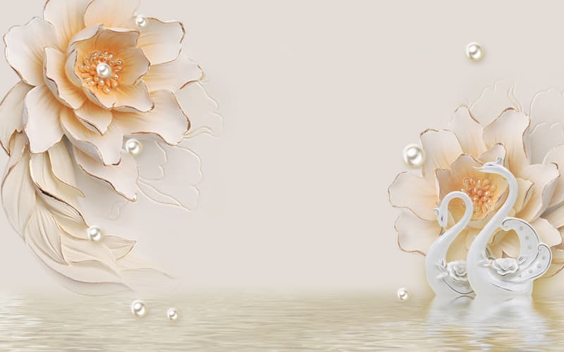 پوستر دیواری لوکس سه‌بعدی طرح قوهای سفید و گل‌های نسکافه‌ای مرواریدی (مدل Royal Swans & Pearls)