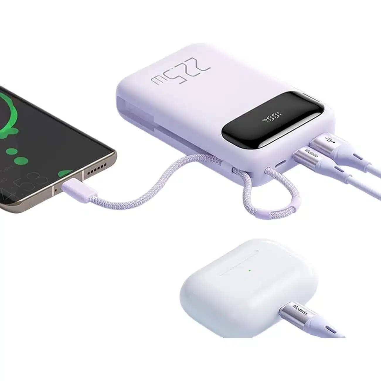 پاوربانک 10000 تایپ‌سی و USB-A توان 22.5 وات مک‌دودو MCDODO MC-324 با کابل تایپ‌سی متصل و نمایشگر دیجیتالی — تصویر ۱۱