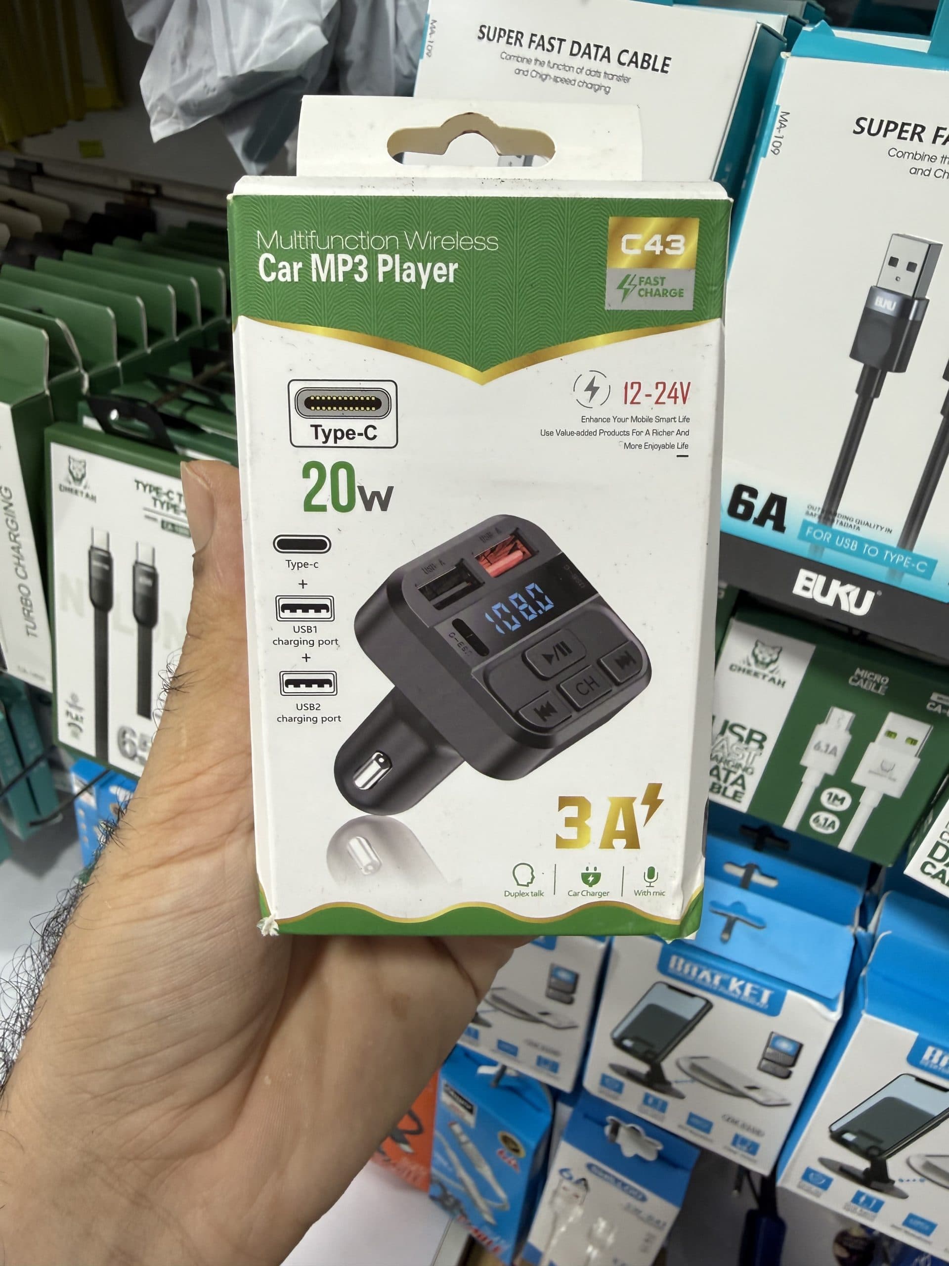 پخش‌کننده بلوتوث و FM فندکی خودرو مدل C43 (Car MP3 Player C43) با تماس دست‌آزاد و ورودی فلش و کارت حافظه، اورجینال (عمده و تک)