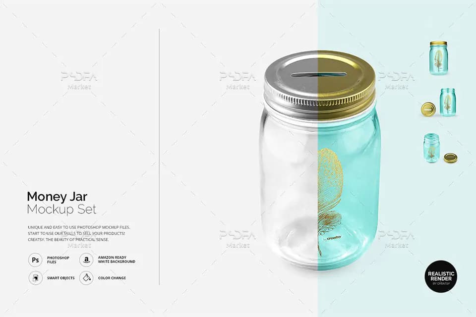 5 موکاپ شیشه سکه و پول در نماهای مختلف