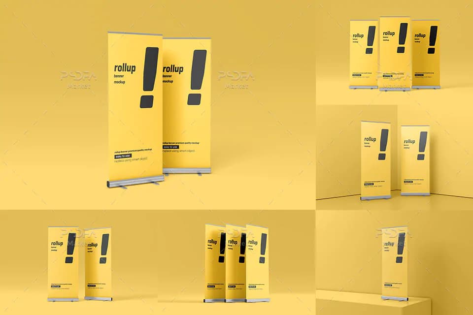 24 موکاپ بنر استند رول آپ در نماهای مختلف