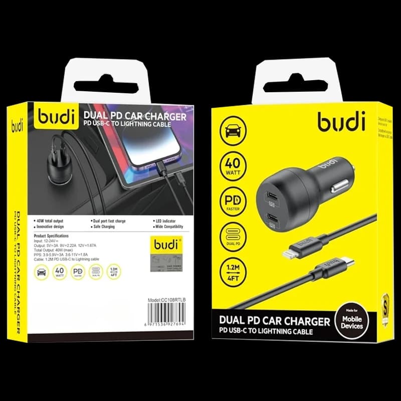 شارژر فندکی 40 وات Budi CC108RTLB با کابل لایتنینگ — تصویر ۲