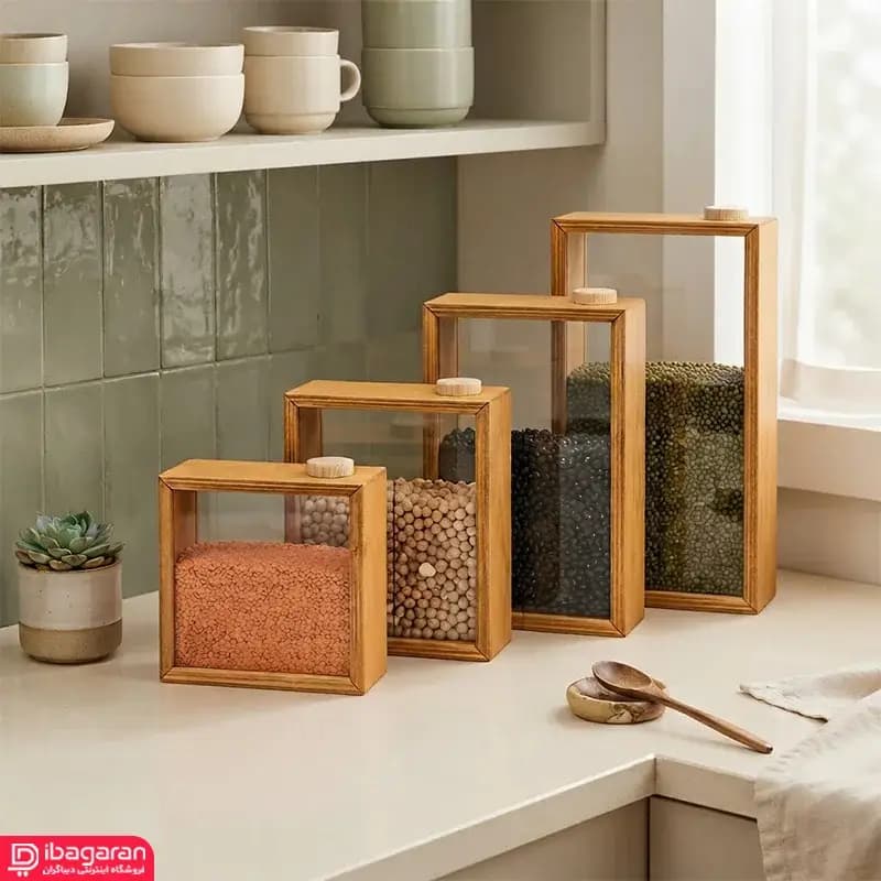 ست بانکه شیشه ای چهارگوش با قاب چوبی ۴ عددی