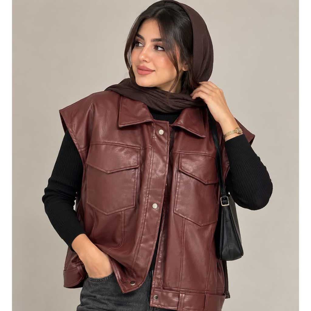 وست چرم دو جیب زنانه رنگ زرشکی