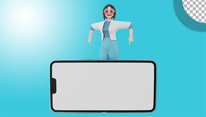 تصویر PNG کاراکتر سه بعدی دختر جوان شاد و اشاره به موبایل