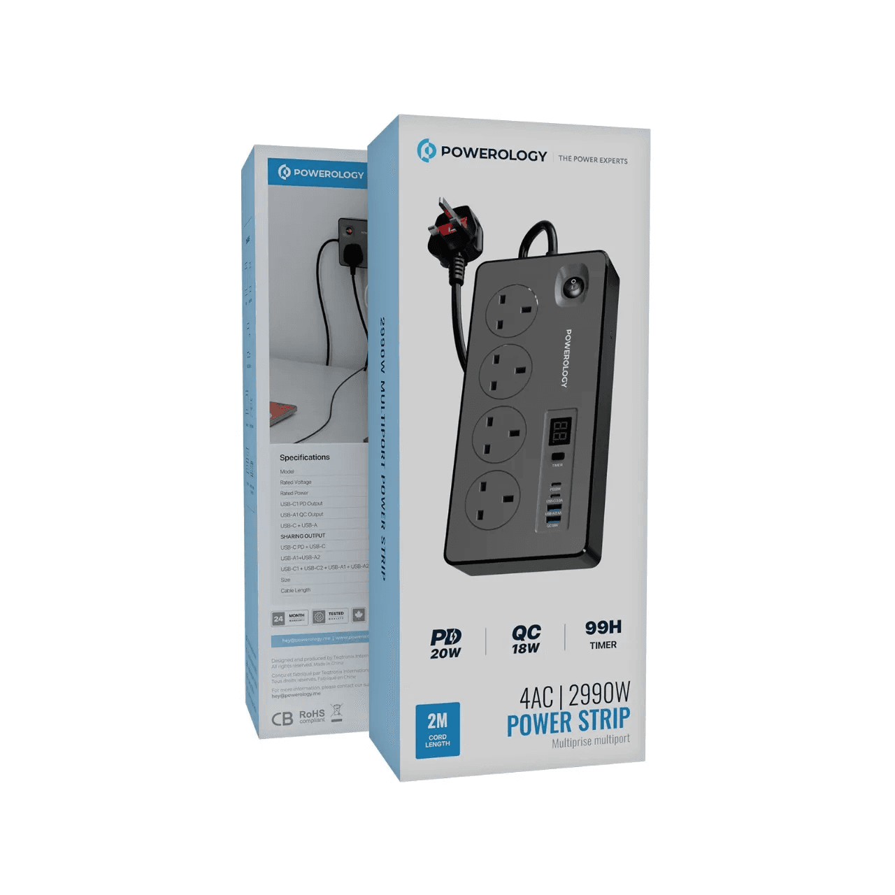 شارژر دیواری فست شارژ Powerology مدل -USB-C PD + USB-C: 5V/3.4A کد 4449