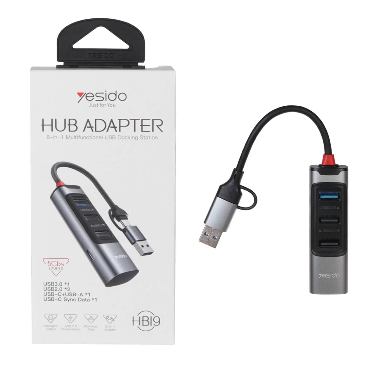 هاب 4 پورت Yesido USB 3.0/Type-C مدل HB19 – خاکستری (گارانتی 18 ماه تعویض نیکان همراه)