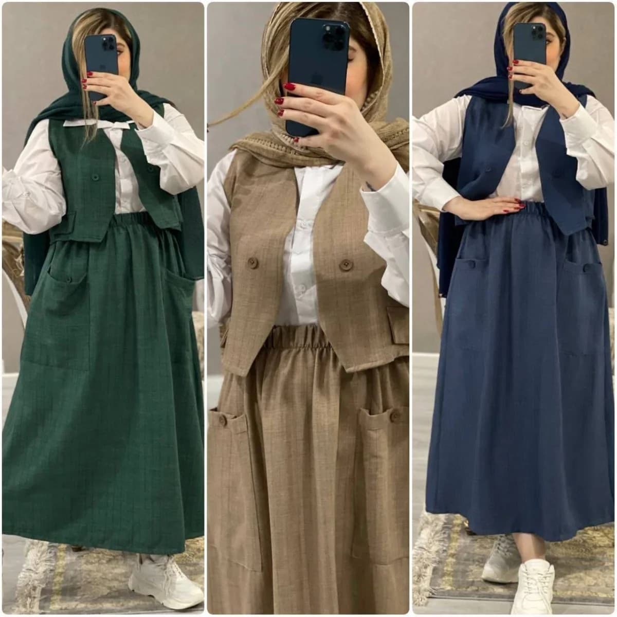 ست سه تکه زنانه مدل ژینا شومیز جلیقه دامن پارچه شانتون باکیفیت و شیک فری سایز