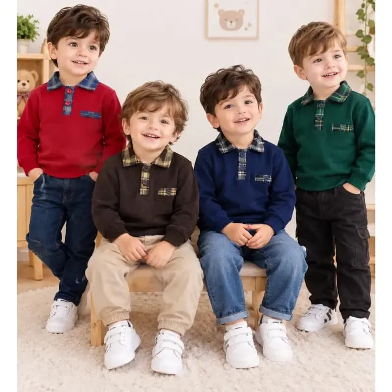 بلوز گپ یقه چهارخونه پسرانه بافت مجلسی سایز 2 تا 4 سال — تصویر ۵