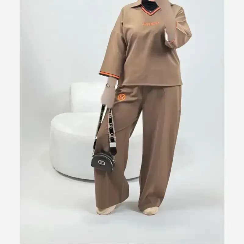 ست تیشرت شلوار هرمس جنس دبل مازراتی گرم بالا پاییزه فری سایز — تصویر ۵