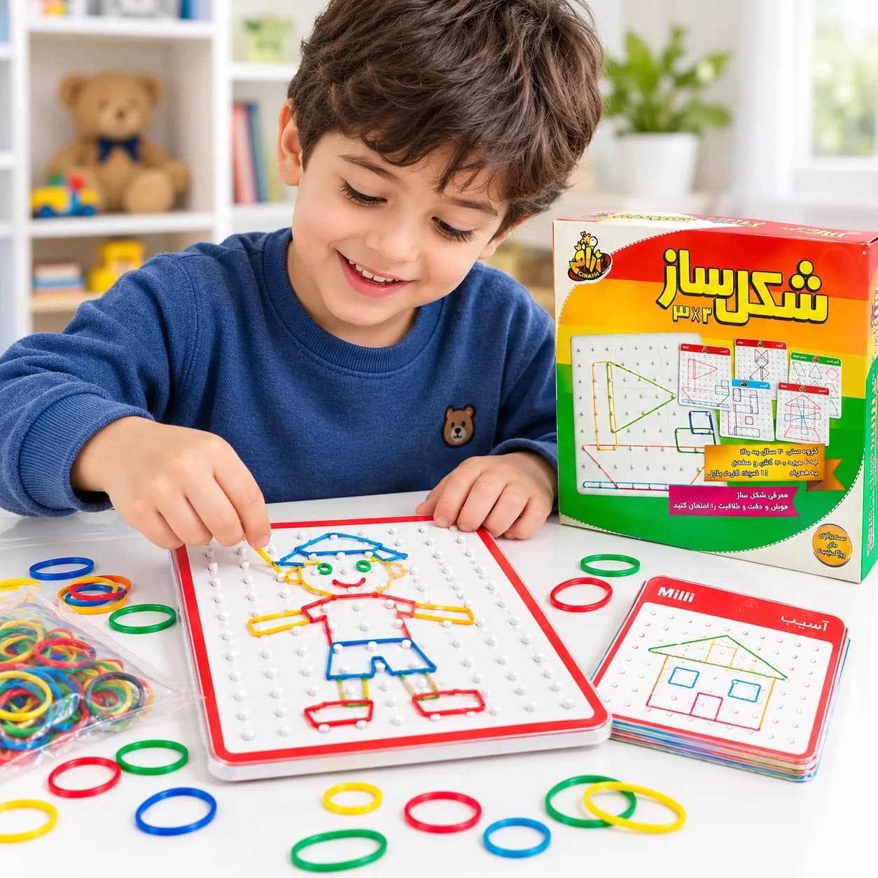 بازی فکری شکل‌ساز کودک با کش رنگی 1*3 زرافه | تقویت خلاقیت و هوش هندسی