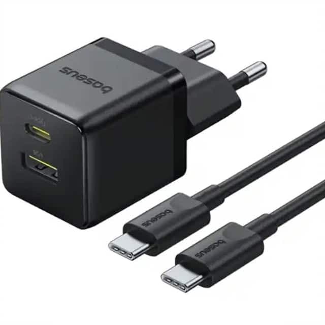 شارژر دیواری فست تایپسی و یو اس بی 30 وات بیسوس با کابل دو سر تایپ سی CCZC30UE