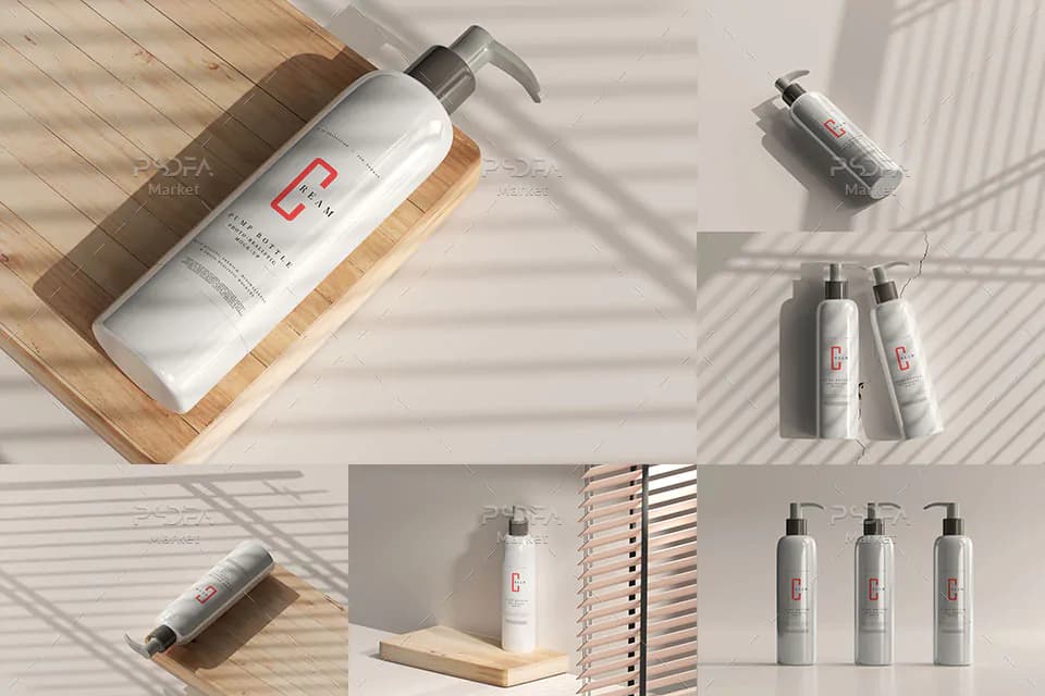 موکاپ بطری پمپی آرایشی و بهداشتی در نماهای مختلف
