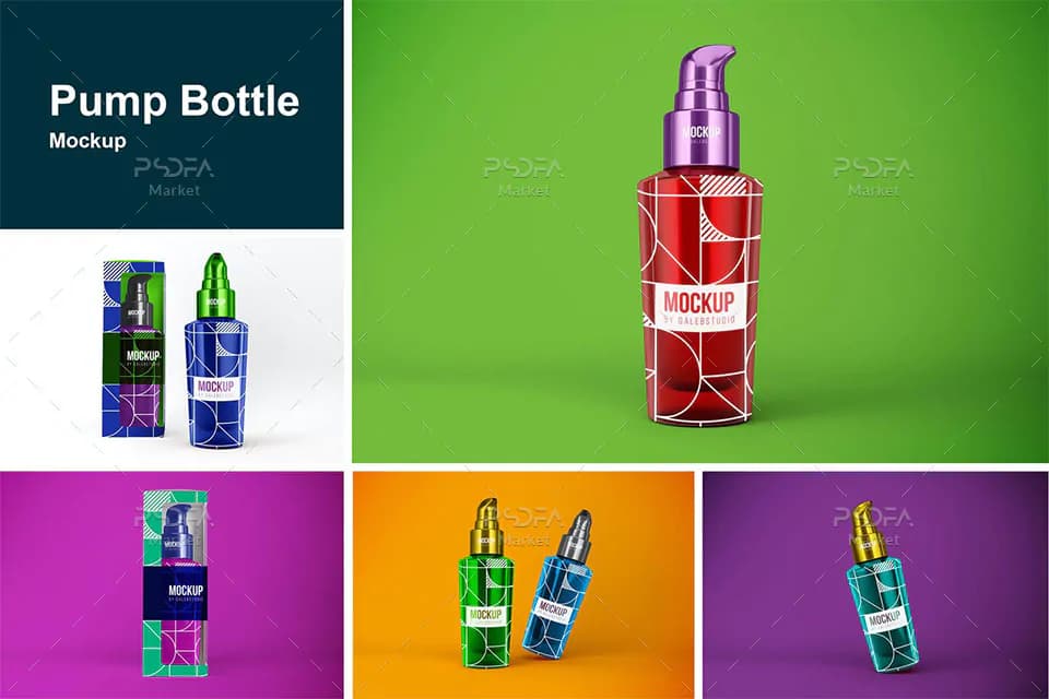 موکاپ بطری اسپری پمپی آرایشی و بهداشتی با جعبه