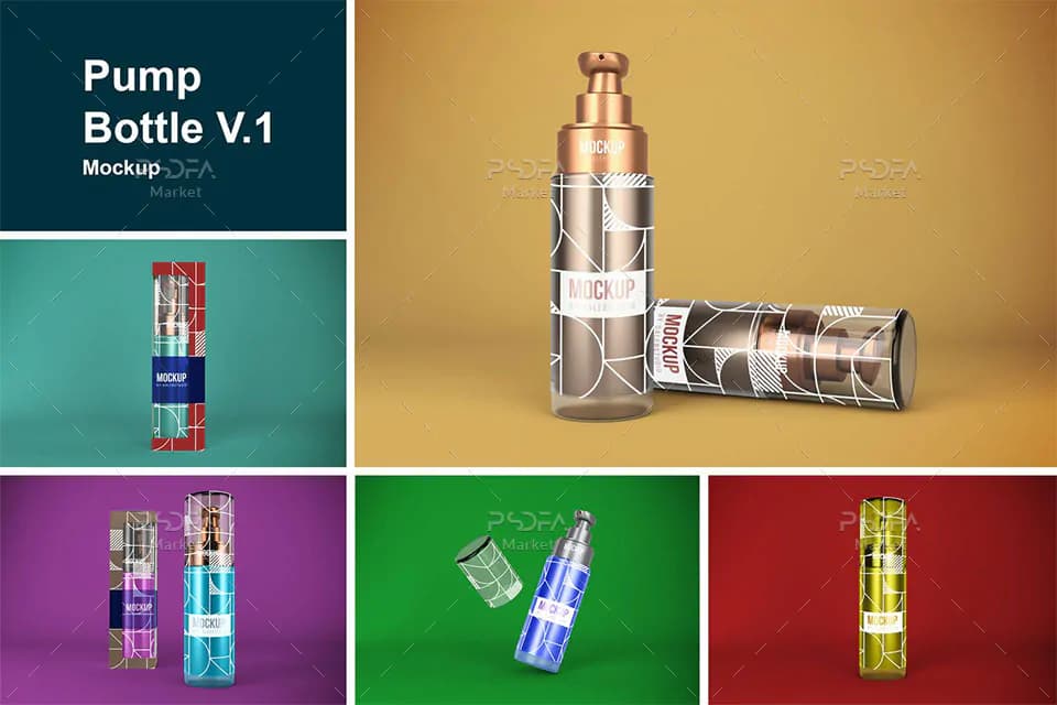 موکاپ بطری اسپری آرایشی و بهداشتی در نماهای مختلف