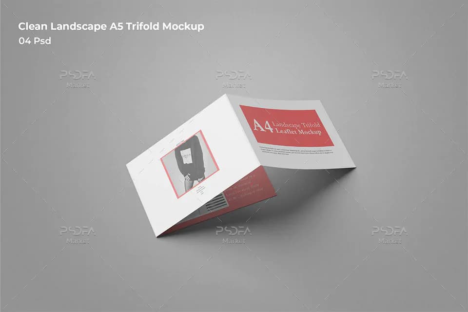 موکاپ بروشور سه لتی A4 افقی در نماهای مختلف