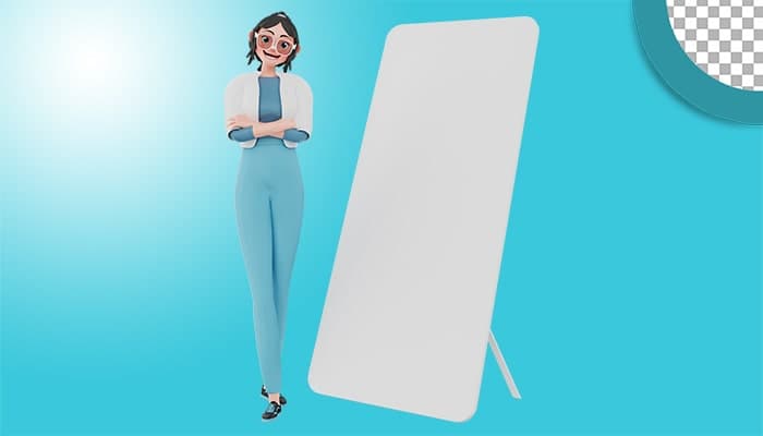 تصویر PNG کاراکتر سه بعدی دختر جوان ایستاده با تابلو
