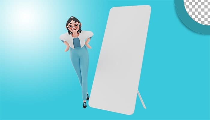 تصویر PNG کاراکتر سه بعدی دختر جوان با تابلو ایستاده