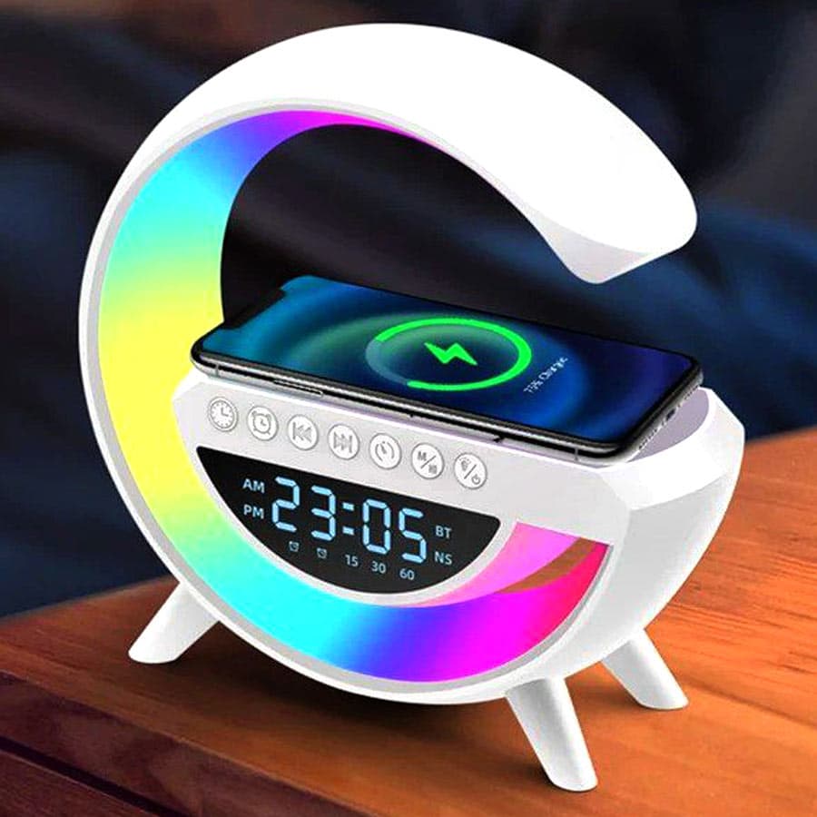 اسپیکر بلوتوثی G ساعت دار با نورپردازی LED و شارژر بی سیم مدل 3401 مناسب هدیه با قابلیت ارسال کادوپیچ